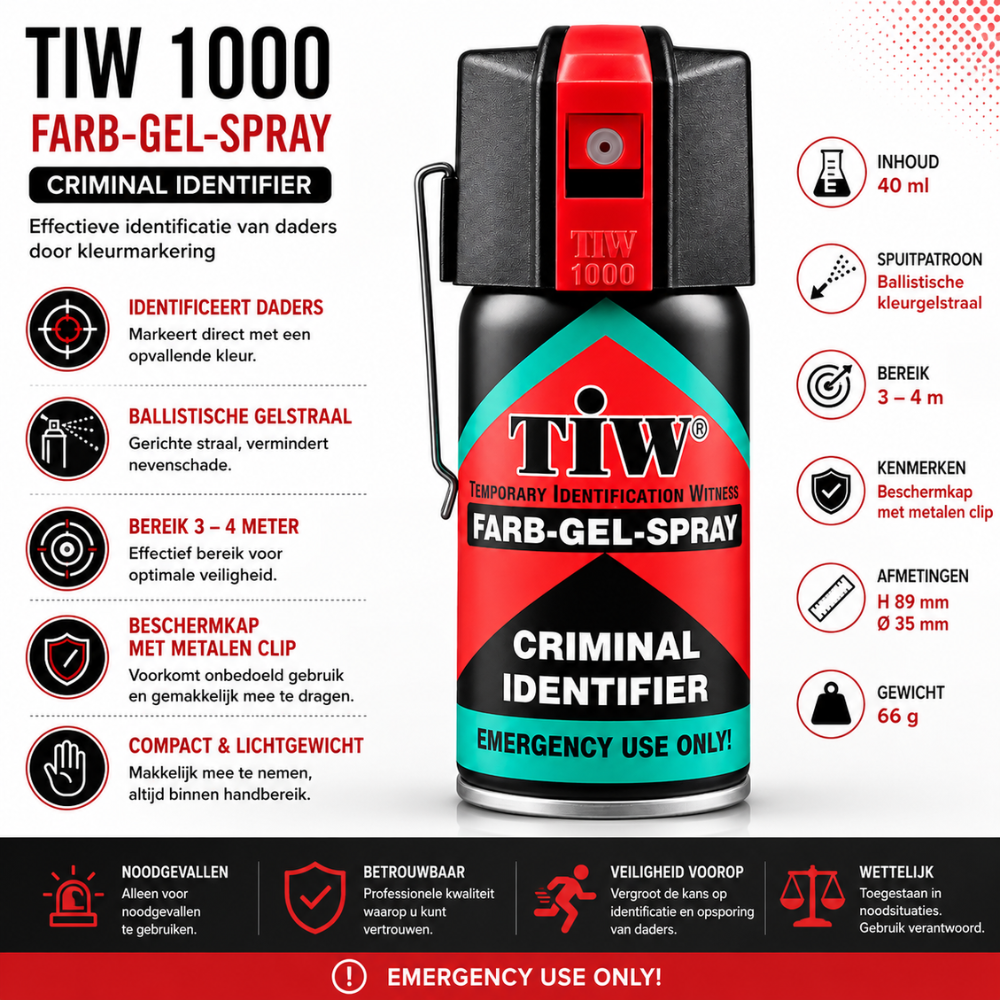 TIW Kleurgelspray 40 ml – Markeerspray voor Zelfverdediging | Metalen Clip & Rode Dop