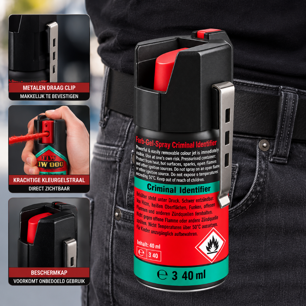 TIW Kleurgelspray 40 ml – Markeerspray voor Zelfverdediging | Metalen Clip & Rode Dop