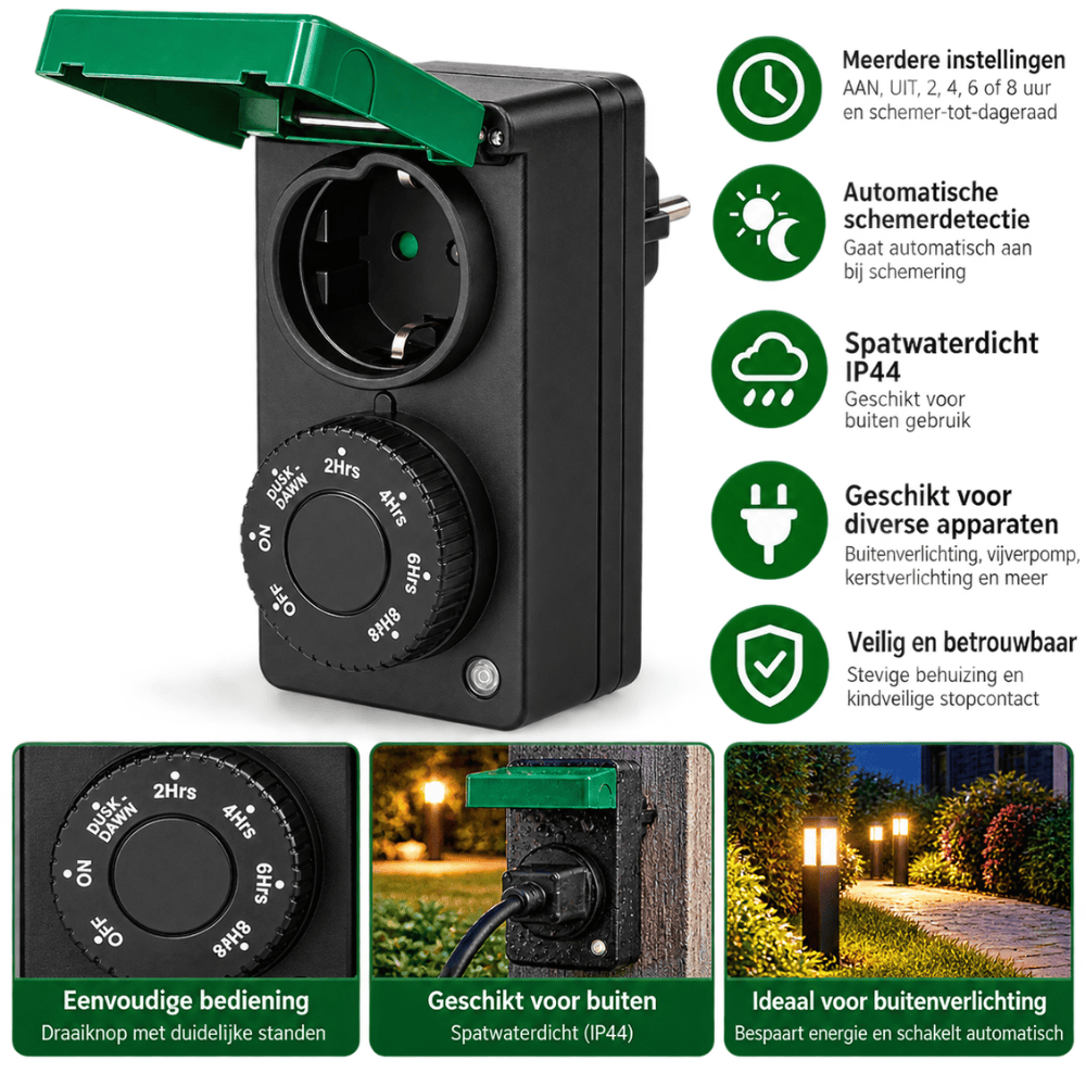 Benson Tijdschakelaar met Sensor Buiten – IP44 | 1800W | Dag/Nacht & Aftelfunctie