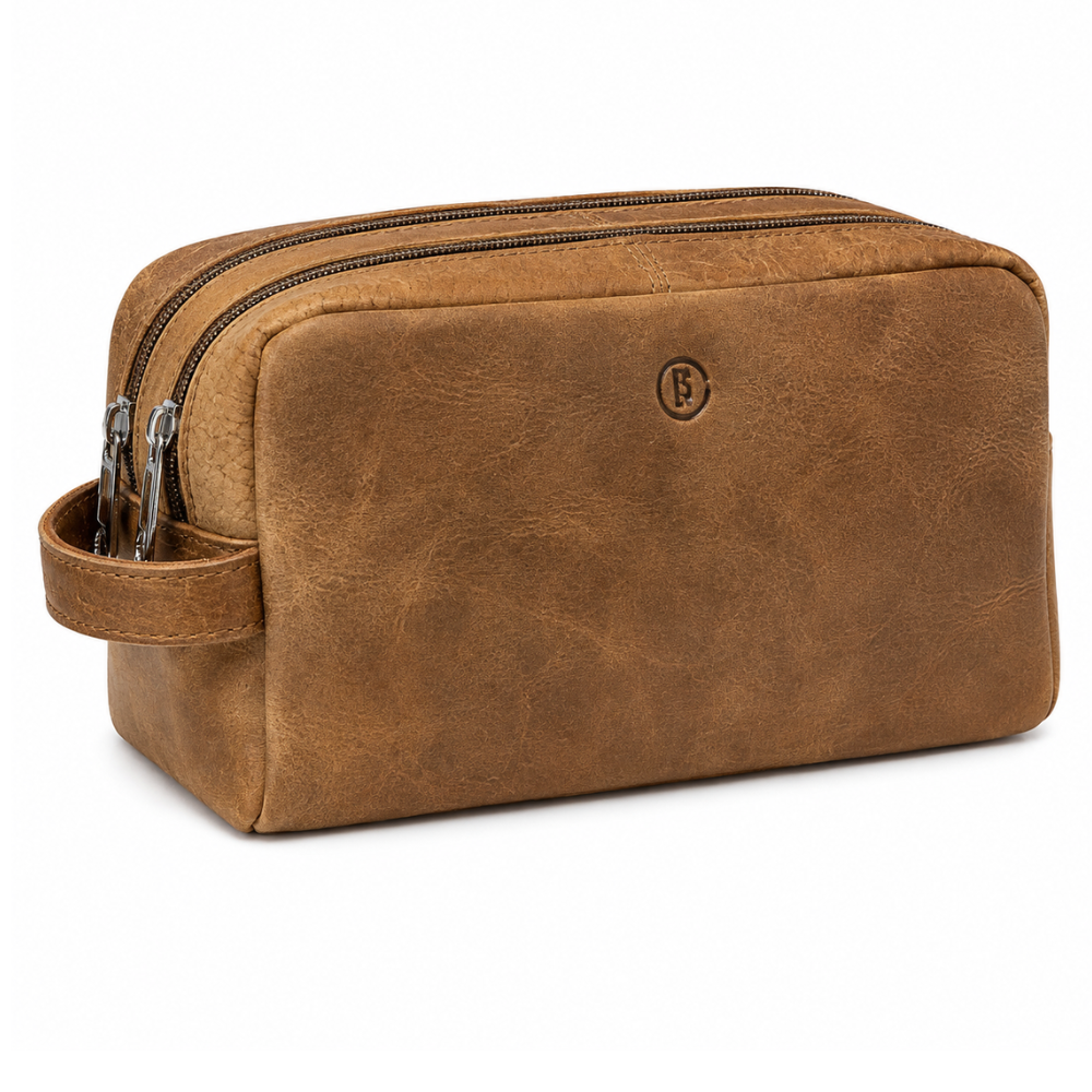 Leren Toilettas Cognac – Echt Geitenleer | 2 Ritsvakken | 14x24x11 cm | Ophanglus