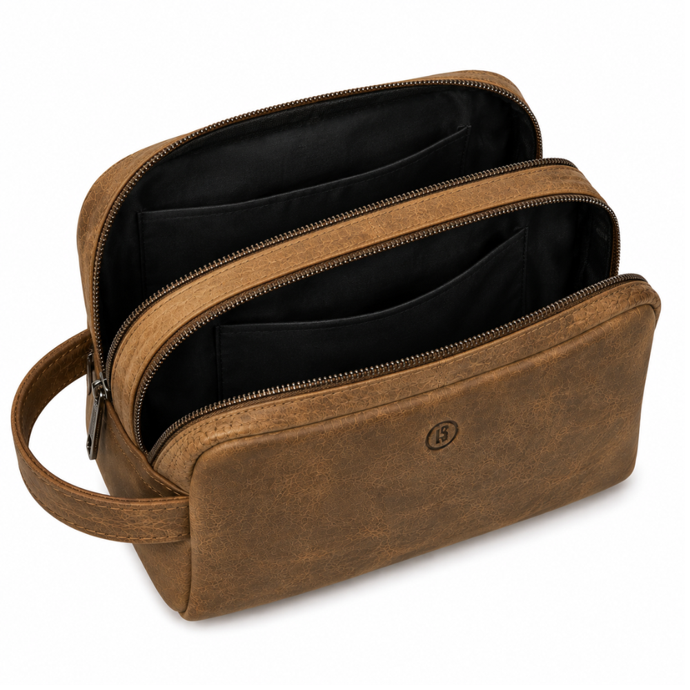 Leren Toilettas Cognac – Echt Geitenleer | 2 Ritsvakken | 14x24x11 cm | Ophanglus