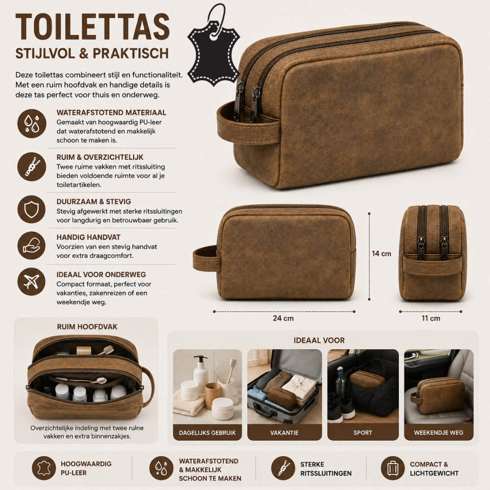 Leren Toilettas Cognac – Echt Geitenleer | 2 Ritsvakken | 14x24x11 cm | Ophanglus