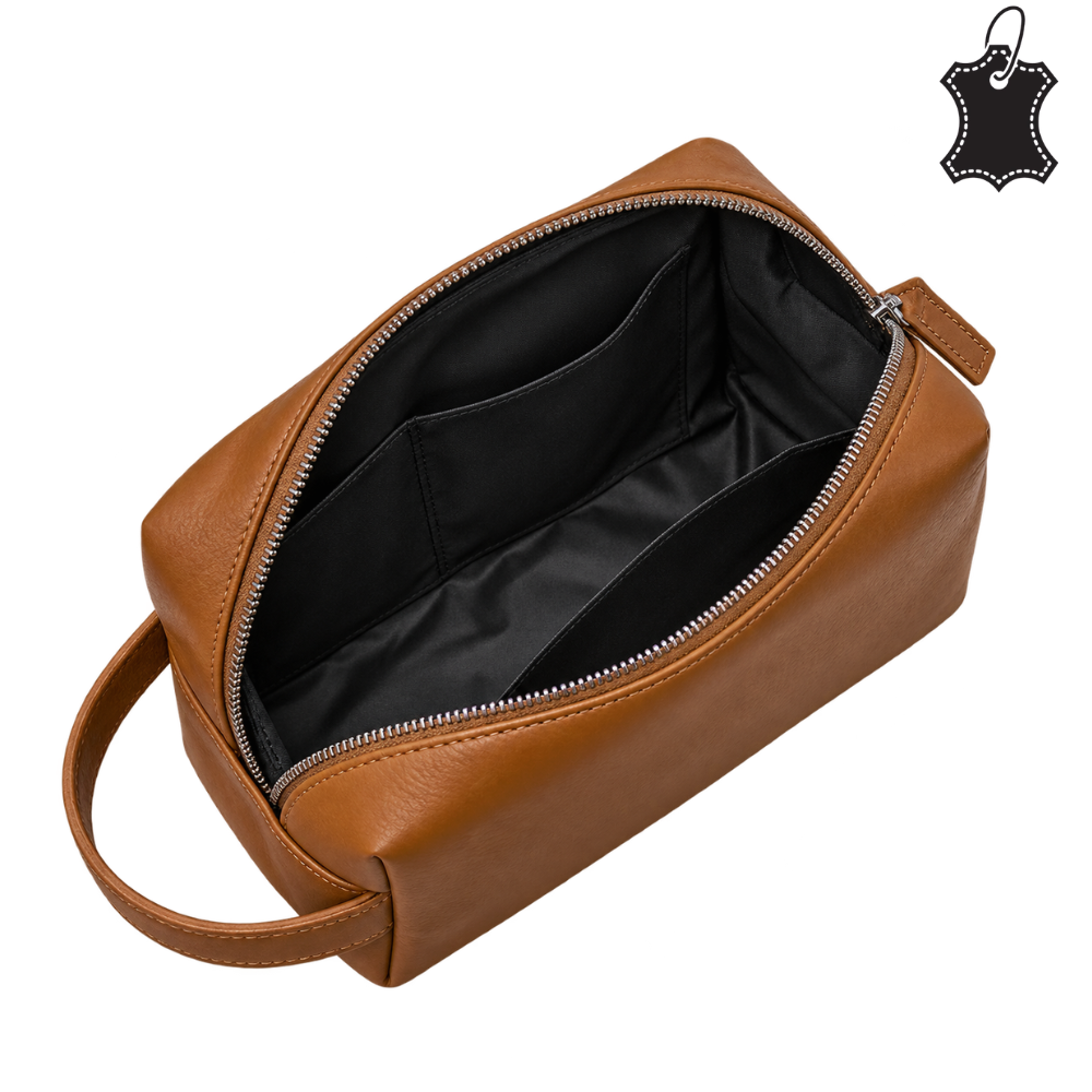 Leren Toilettas – Echt Geitenleer | 1 Ritsvak & 3 Steekvakjes | 13x24x11 cm | Ophanglus
