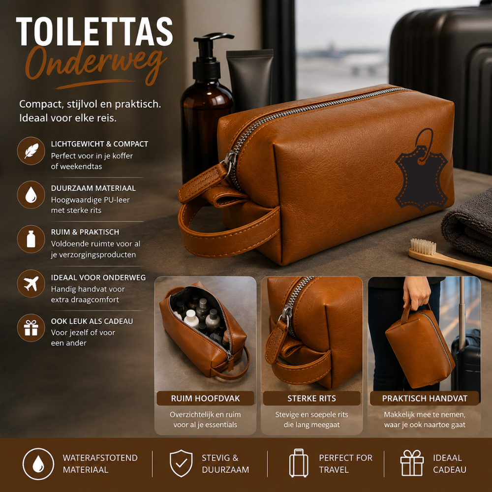 Leren Toilettas – Echt Geitenleer | 1 Ritsvak & 3 Steekvakjes | 13x24x11 cm | Ophanglus