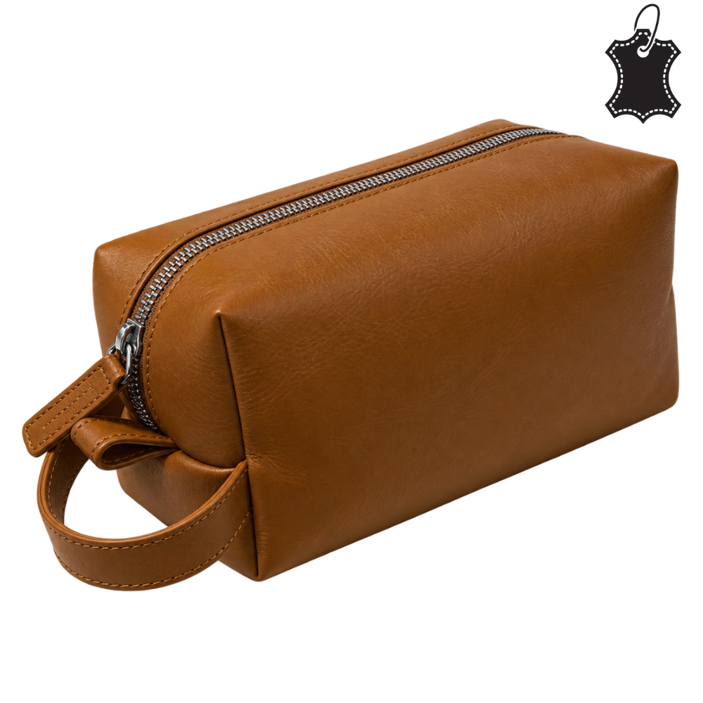 Leren Toilettas – Echt Geitenleer | 1 Ritsvak & 3 Steekvakjes | 13x24x11 cm | Ophanglus