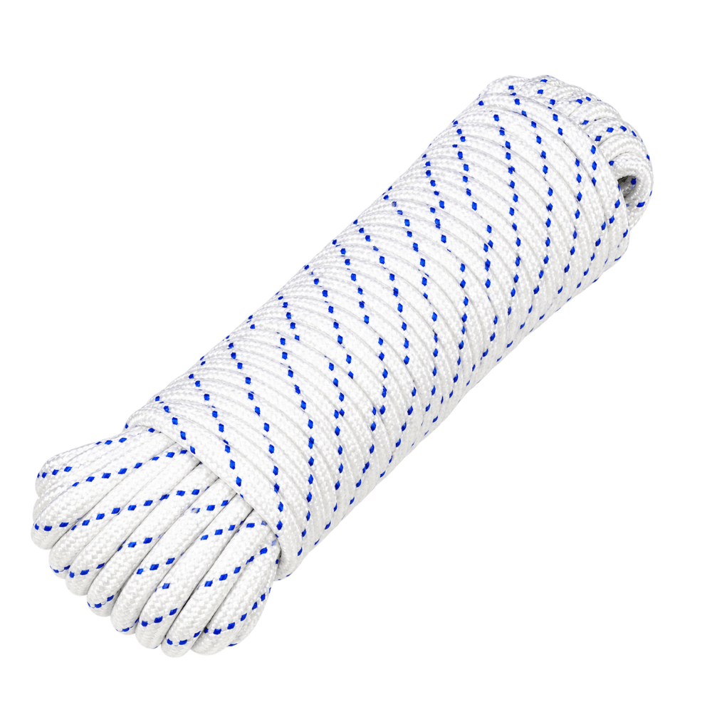 Touw Wit met Blauwe Lijn 8 mm × 30 m – Polypropyleen | UV-bestendig | Buiten & Watersport