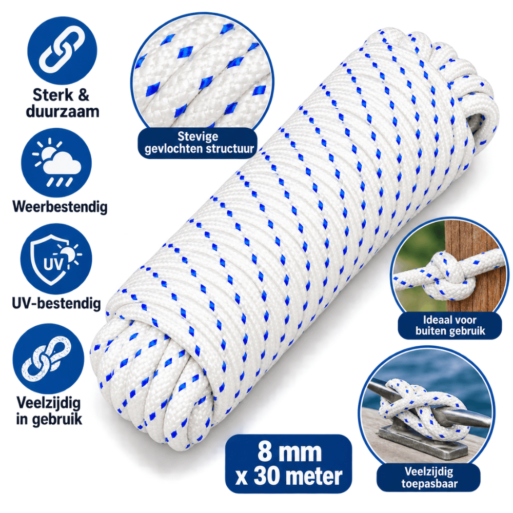 Touw Wit met Blauwe Lijn 8 mm × 30 m – Polypropyleen | UV-bestendig | Buiten & Watersport