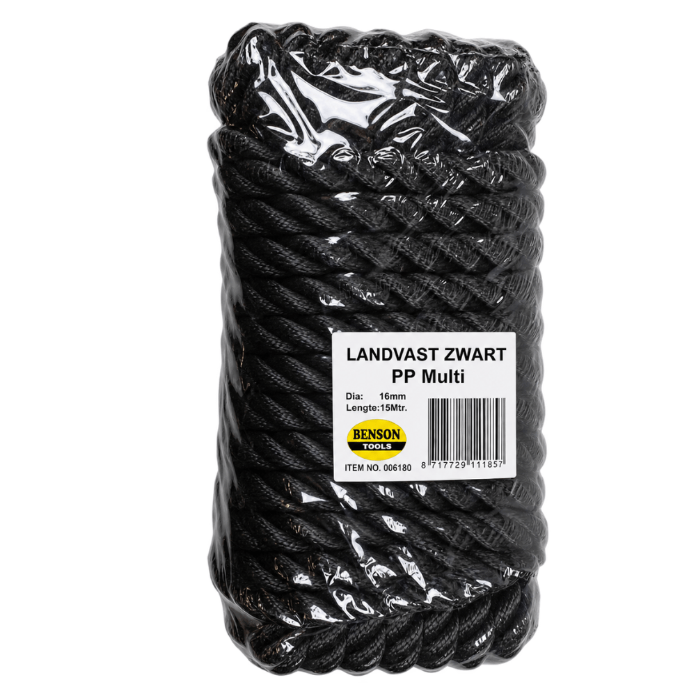 Benson Landvasttouw Zwart 16 mm × 15 m – Polypropyleen | UV-bestendig | Drijvend | Boot