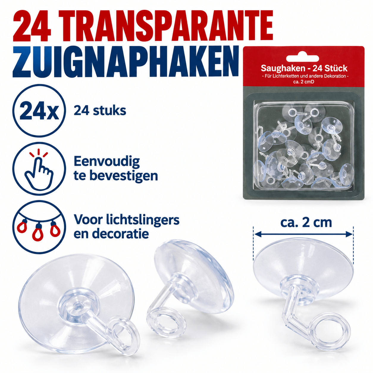 Transparante Zuignaphaakjes Ø 2 cm – Set van 24 Stuks