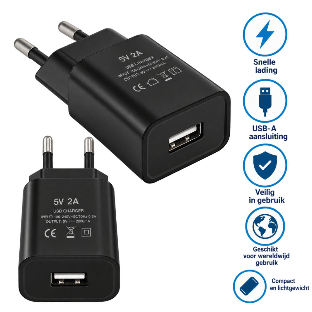 USB Oplader 5V / 2A – Compact Adapter | Smartphone, Tablet & GPS | 100–240V | Zwart