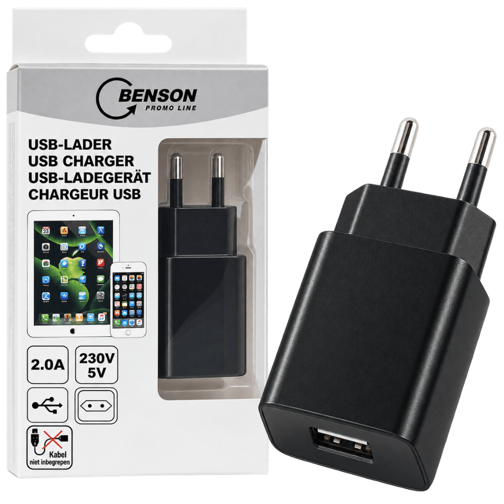 USB Oplader 5V / 2A – Compact Adapter | Smartphone, Tablet & GPS | 100–240V | Zwart
