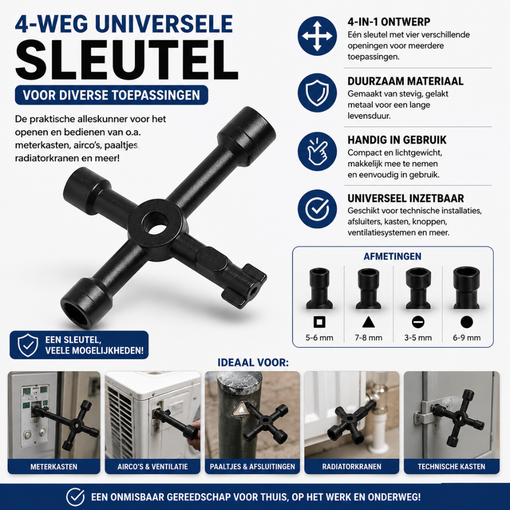 Universele 4-Weg Sleutel – Meterkast, CAI & Airco | Gelakt Metaal | Multifunctioneel