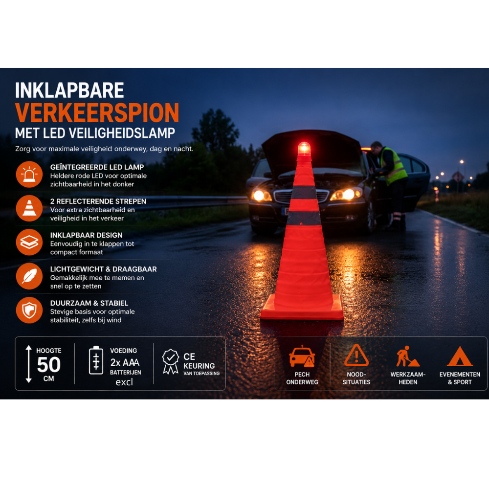Veiligheidspion 50 cm met LED & Reflecterende Strepen – CE-gekeurd | Inclusief Opbergtas