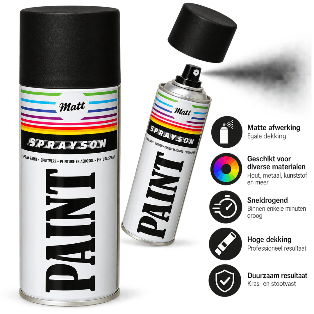 Spuitbus Zwart Mat RAL 9005 – 400 ml | Sneldrogend | Metaal, Hout & Kunststof