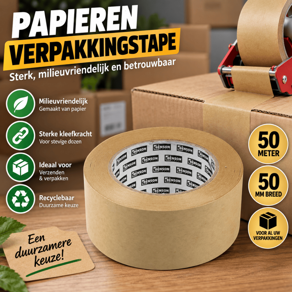 Papiertape 50mm x 50m – Milieuvriendelijke Verpakkingstape | Makkelijk Scheurbaar | 140 Micron