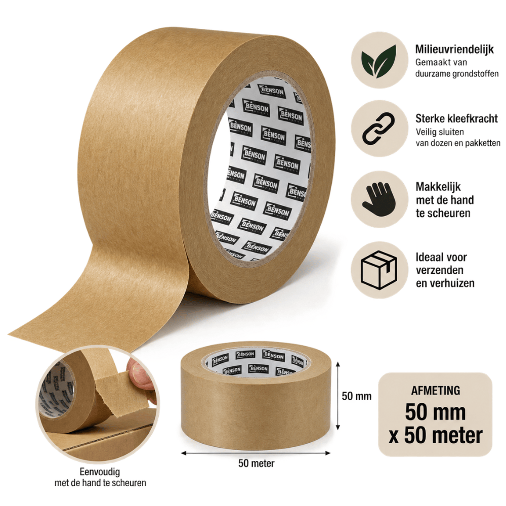 Papiertape 50mm x 50m – Milieuvriendelijke Verpakkingstape | Makkelijk Scheurbaar | 140 Micron