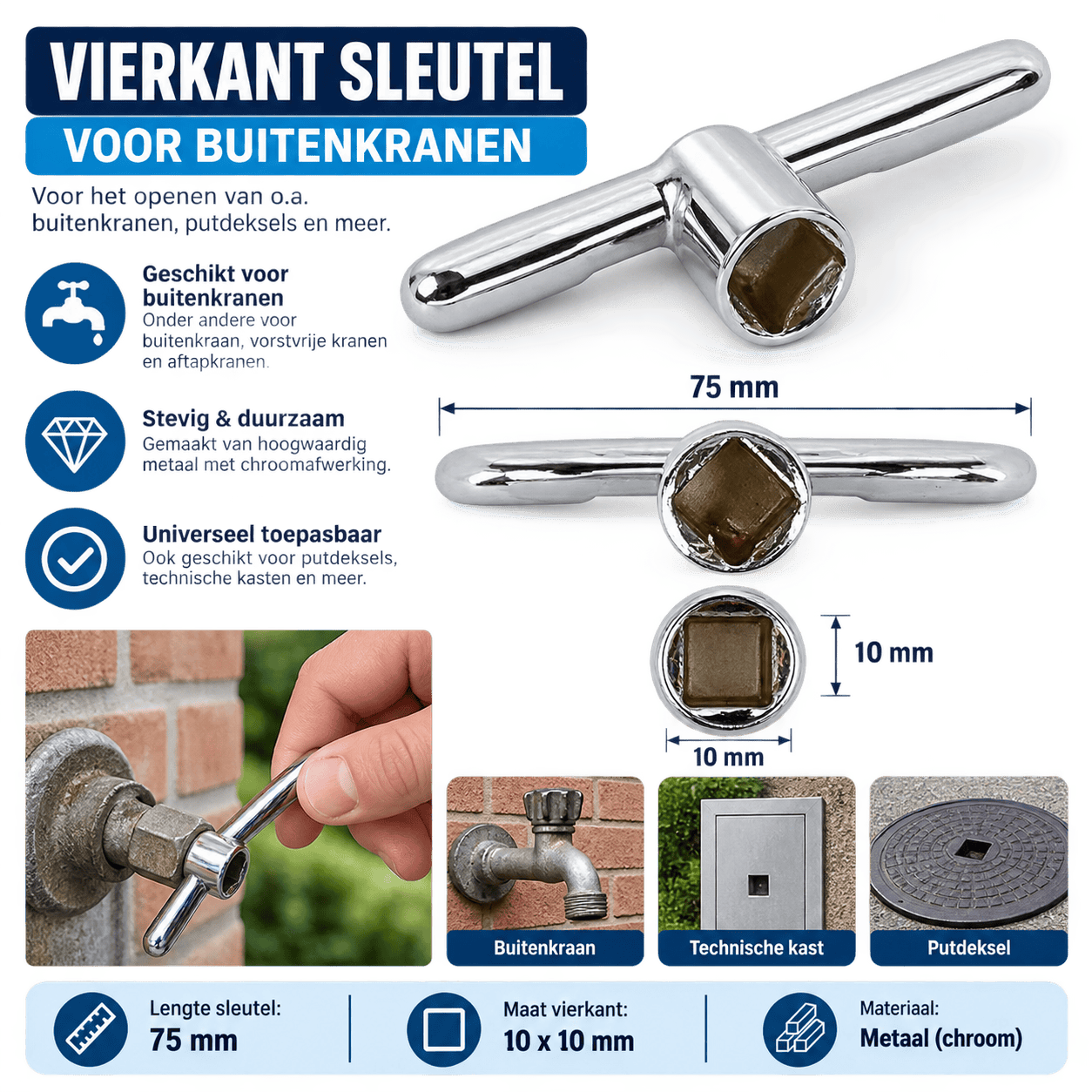 Benson Vierkantsleutel 75 x 50 mm – Voor Buitenkranen & Koppelingen | 10x10 mm | Handgereedschap