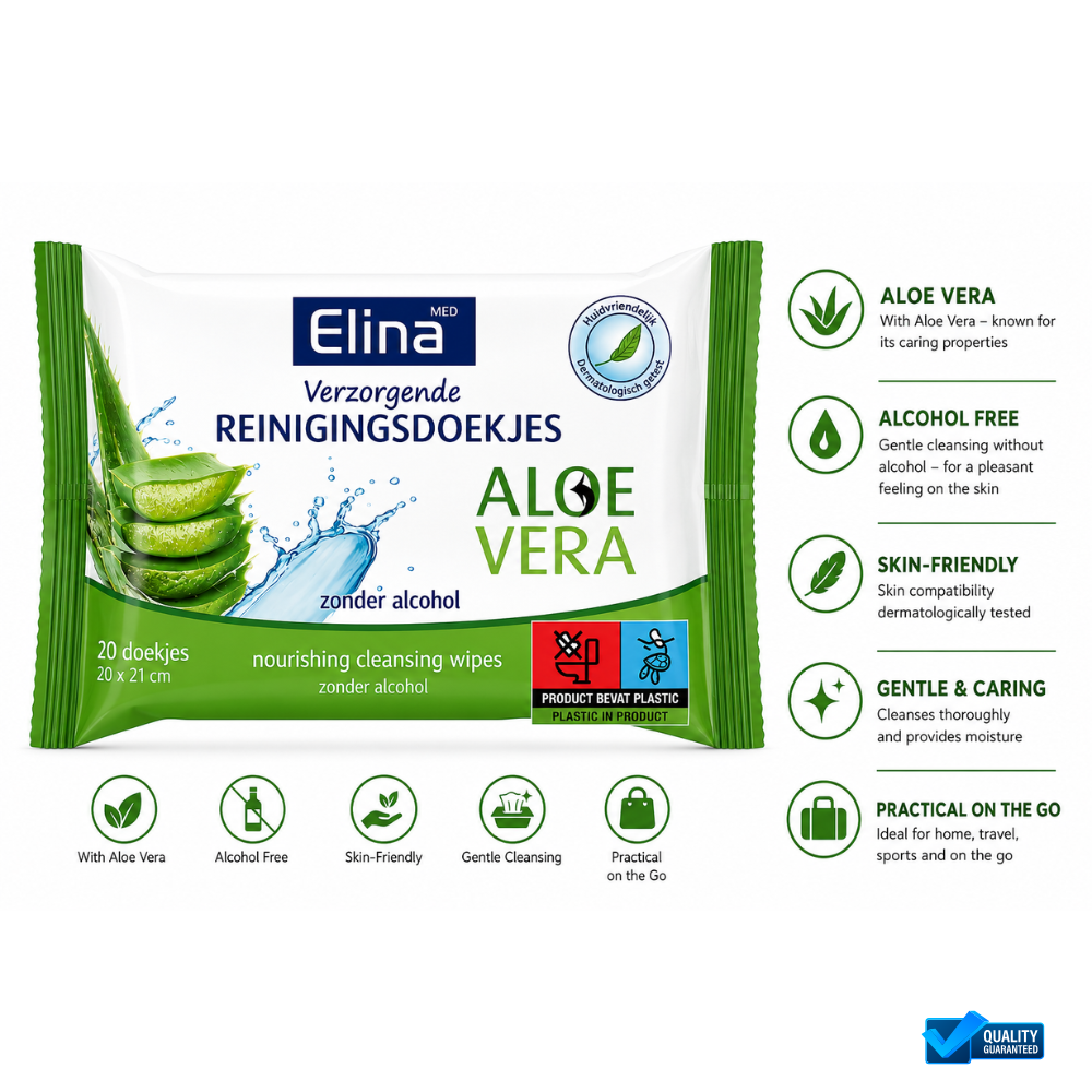 Elina Vochtige Doekjes 20 stuks – Alcoholvrij met Aloë Vera – 20 x 21 cm