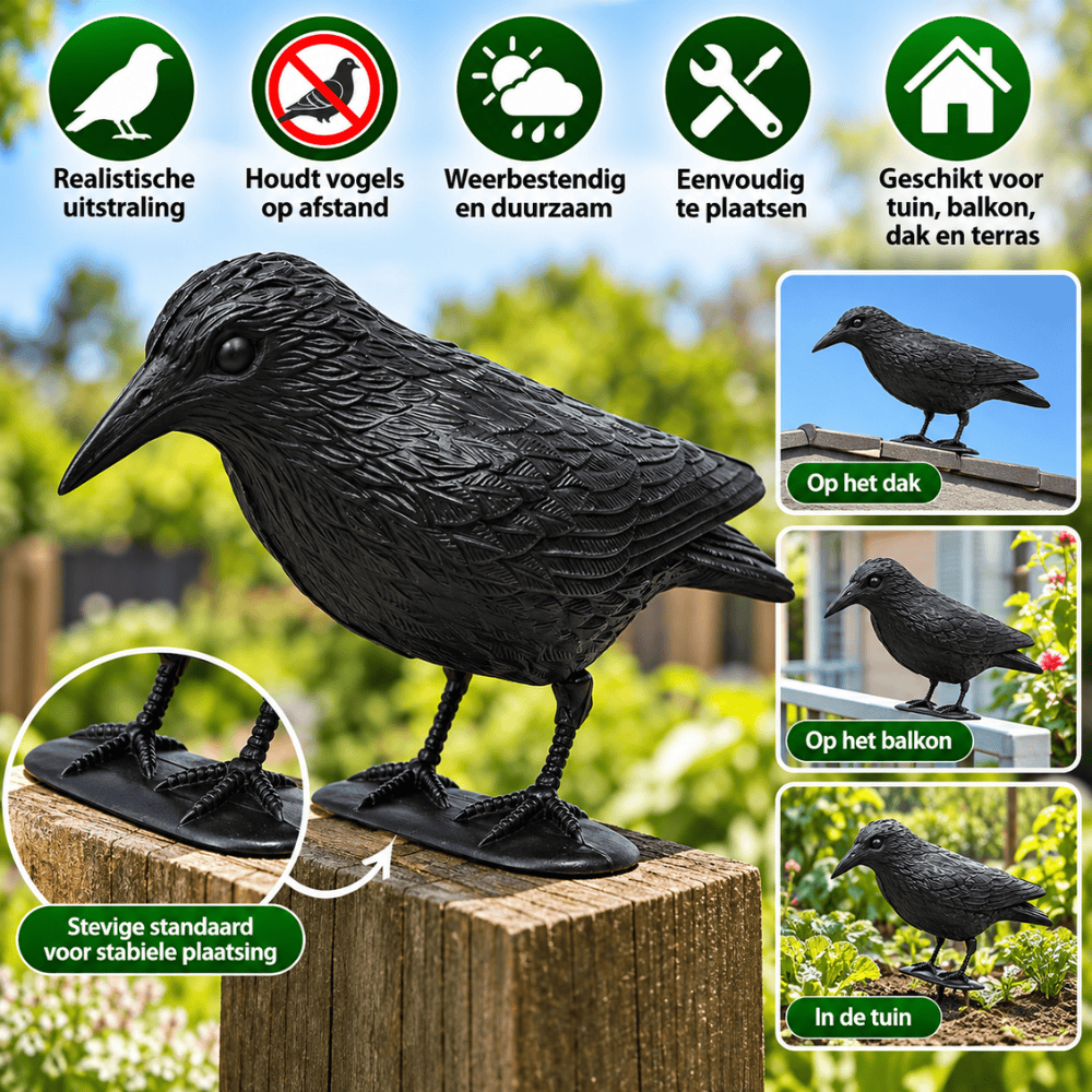 Vogelverschrikker Kraai 35 cm – Vogels Weren uit Tuin, Balkon & Dak | Milieuvriendelijk