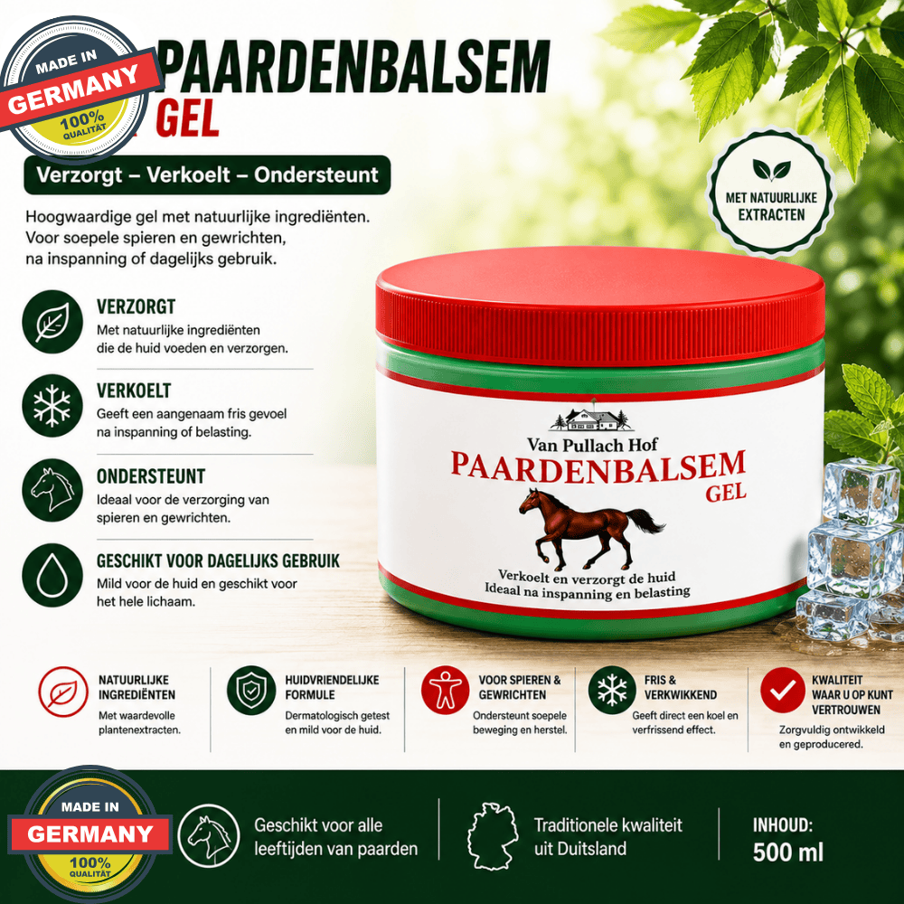 Paardenbalsem Gel Koel 500 ml – Pullach Hof | Rozemarijn & Eucalyptus | Made in Germany