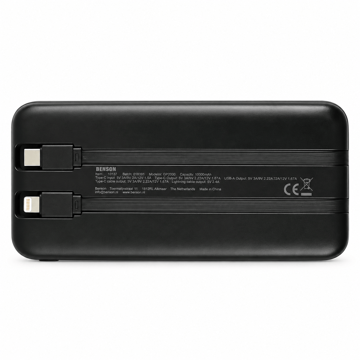 Powerbank 10.000 mAh met Display en USB-C- & Lightning-kabel – Zwart