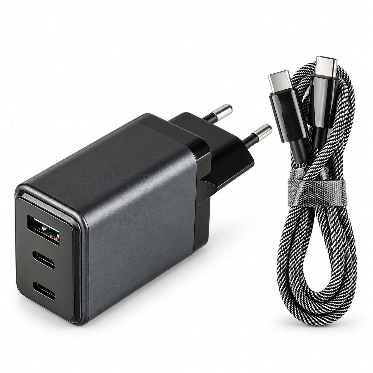 Snellader USB-A en 2xUSB-C + oplaadkabel USB-C, 65W