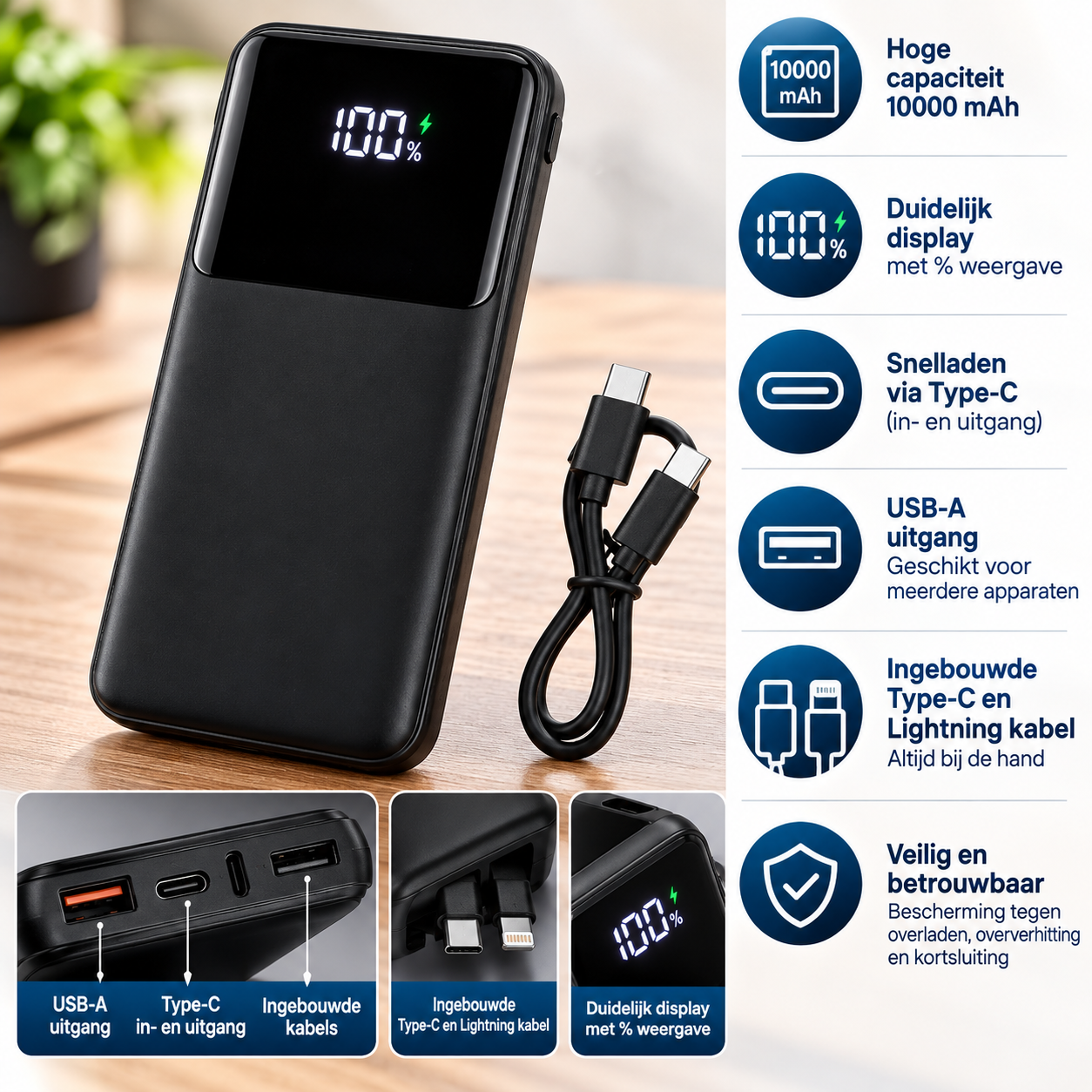 Powerbank 10000 mAh met Display – USB-C en Lightning-kabel – Zwart