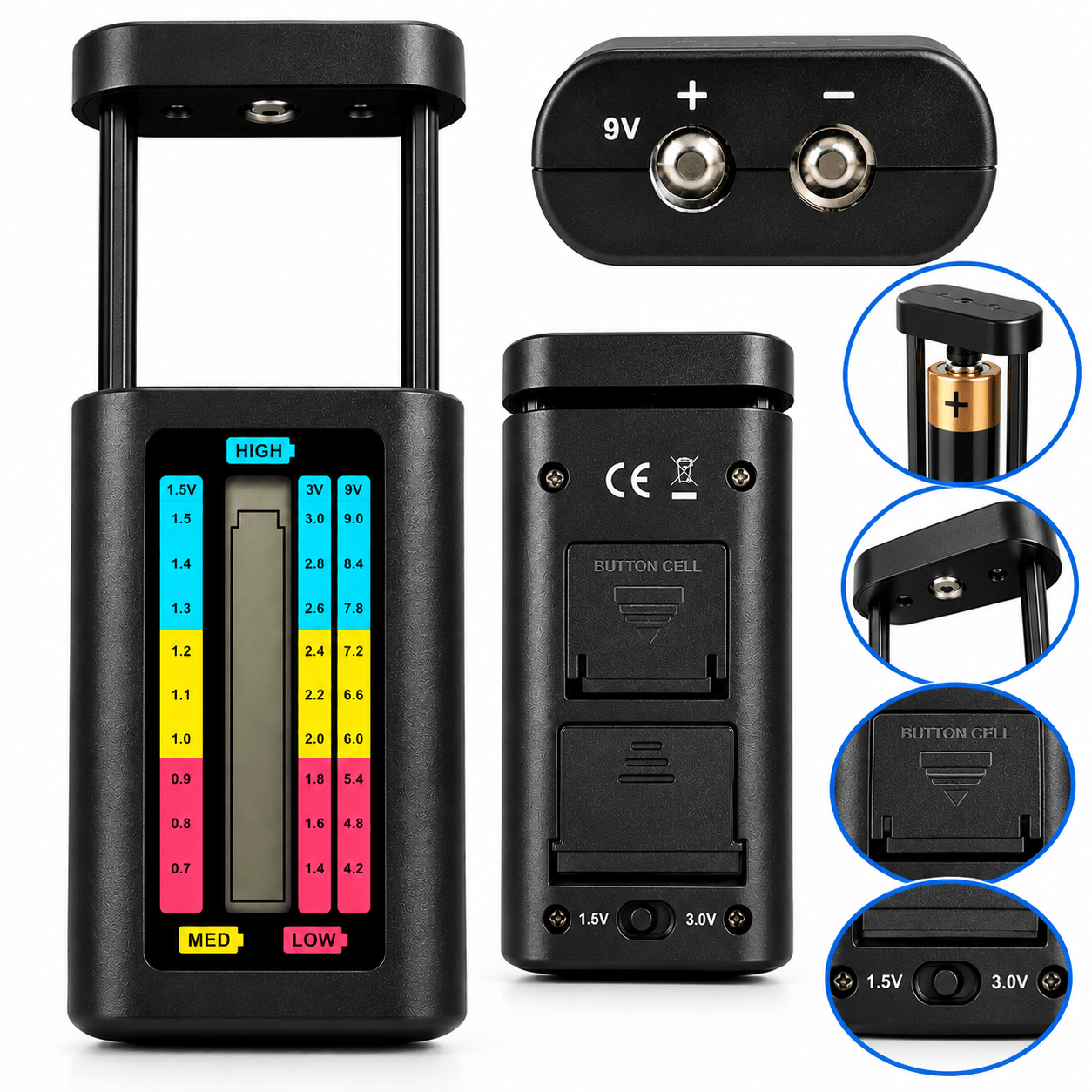Universele batterijtester voor AA, AAA, C, D, 9V en knoopcellen