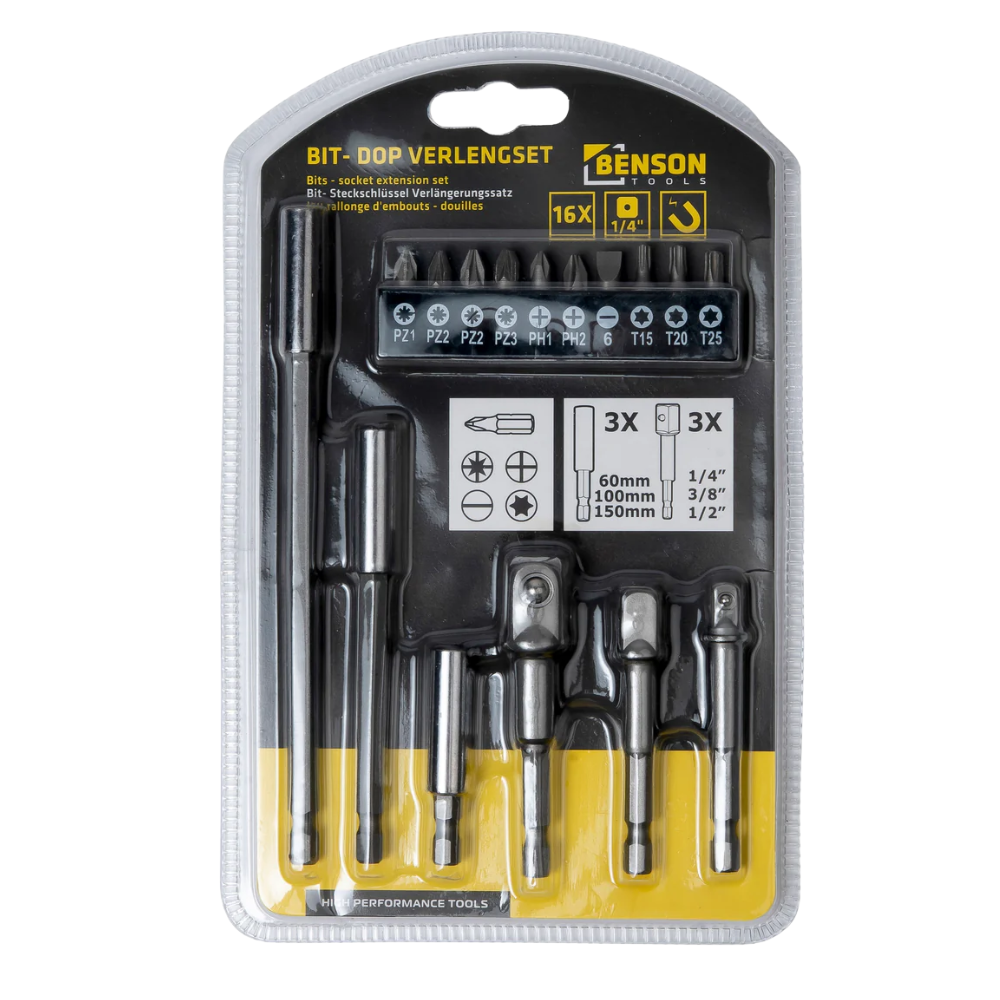 Bit Verlenger 1/4" (60, 100 & 150 mm) - 16 Delig
