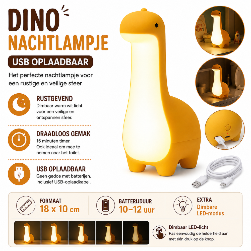 Dino Nachtlamp Kind – Oplaadbare LED Nachtlampje | Dimbaar & Draadloos | 18 cm