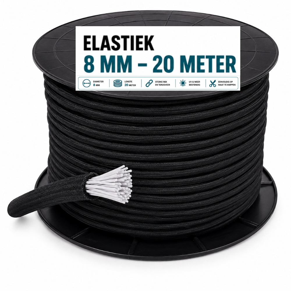 Spanelastiek op Rol 20m ×8mm Zwart – Weerbestendig | Trailer, Zeil & Banner