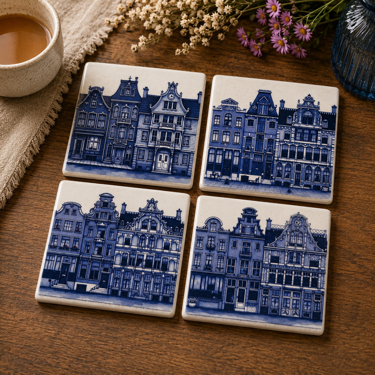 Amsterdamse huisjes onderzetter porselein 4dlg