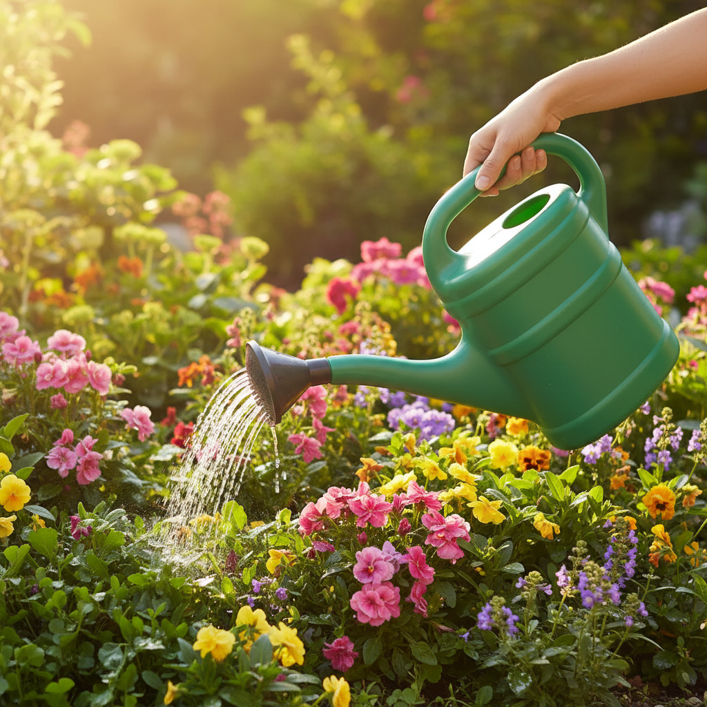 Gieter in gebruik in de tuin