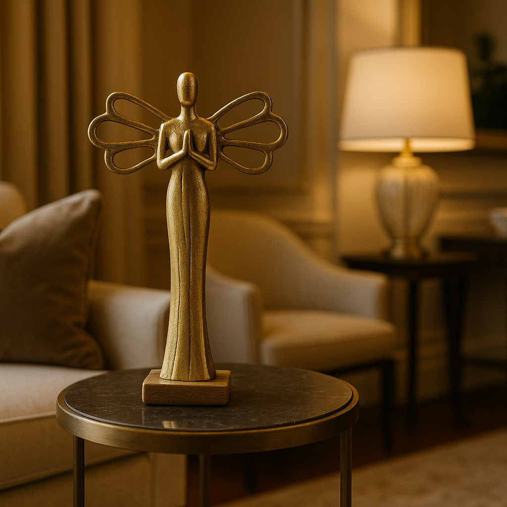 Gouden decoratieve engel op sidetable in luxe woonkamer