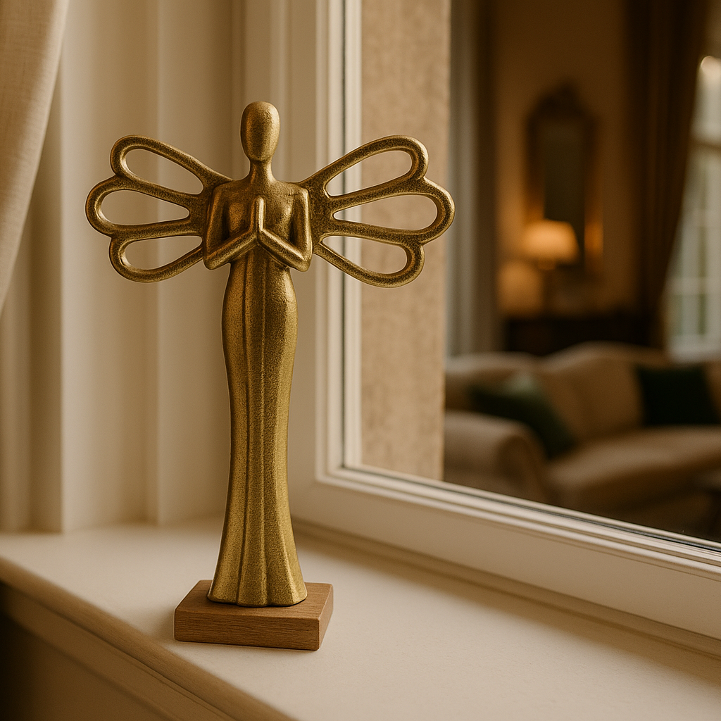 Gouden decoratieve engel op vensterbank in luxe woonkamer