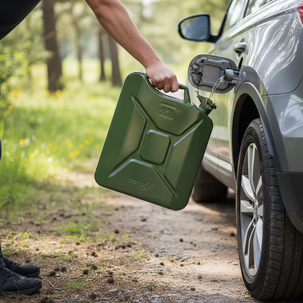 Groene 20L jerrycan in gebruik bij auto