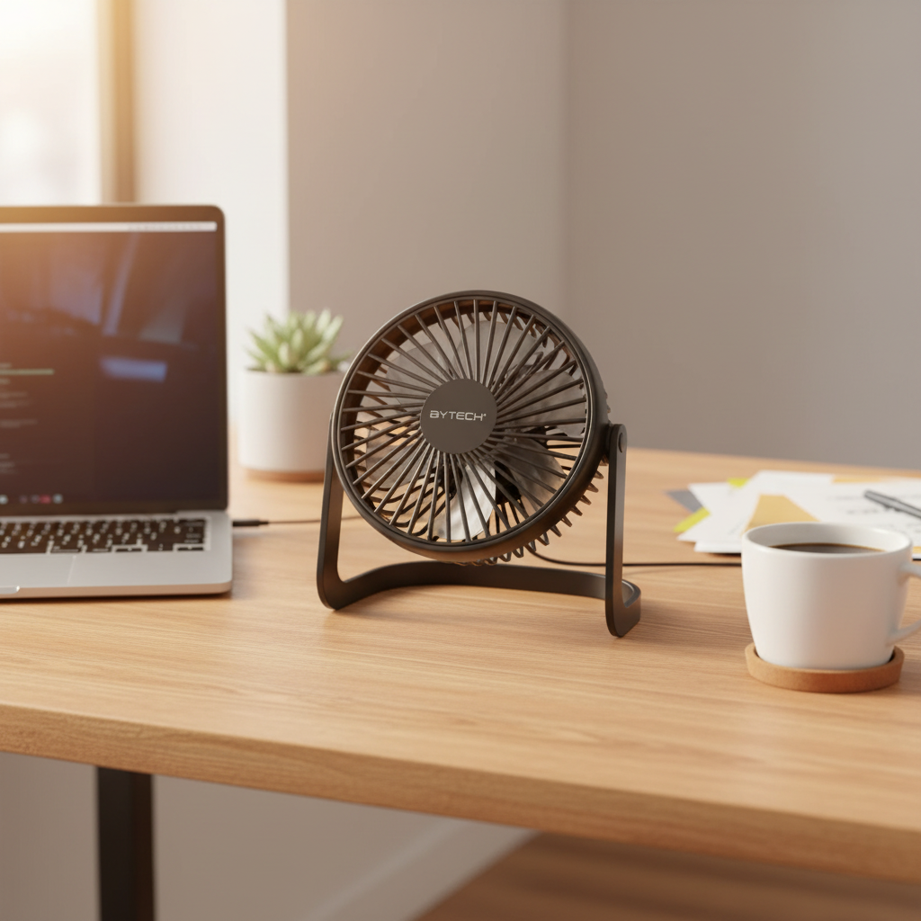 USB tafelventilator op bureau met laptop