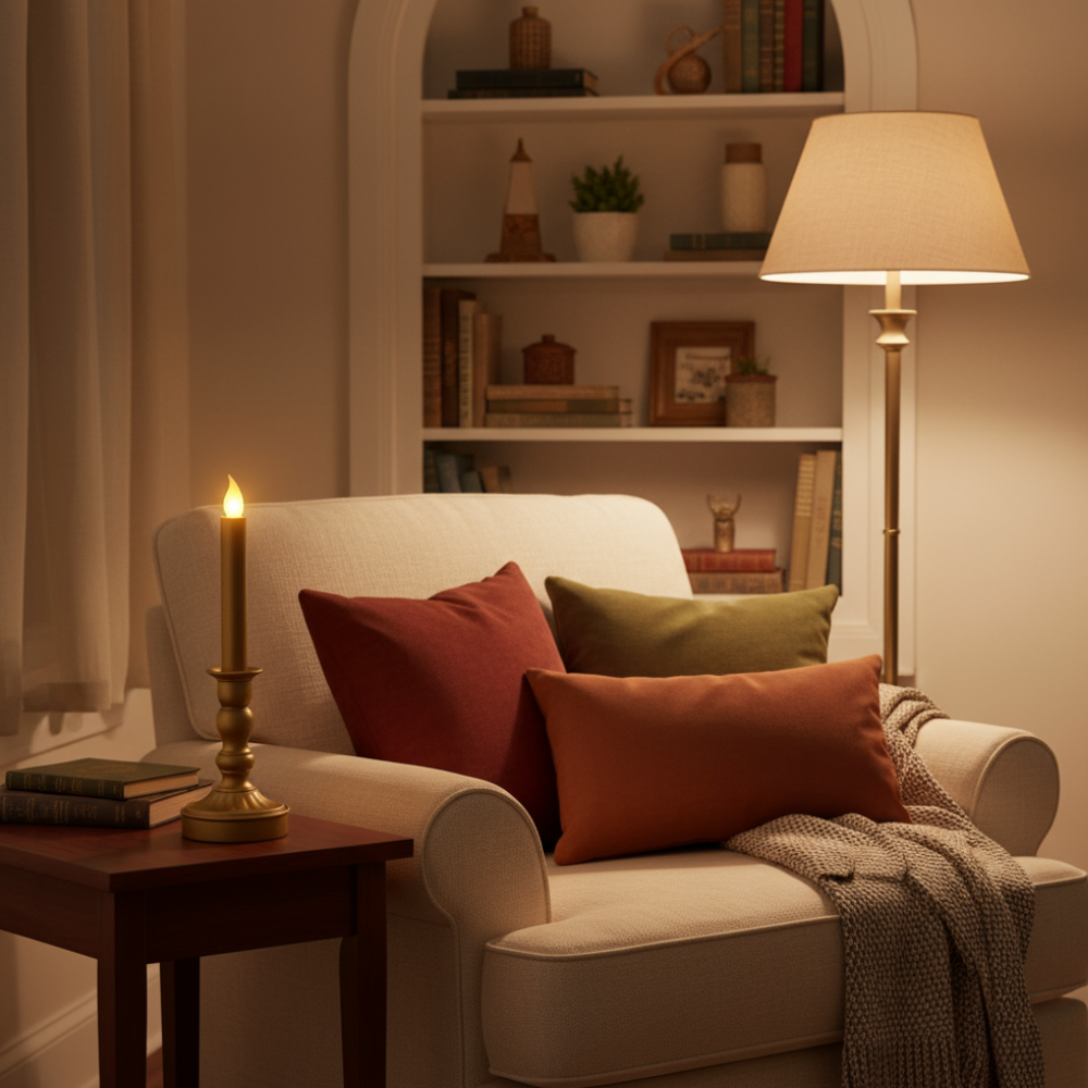 Metalen Kandelaar met LED Kaars – Real Flame Effect – Goudkleur – 28 cm –  2x AA - Metaal