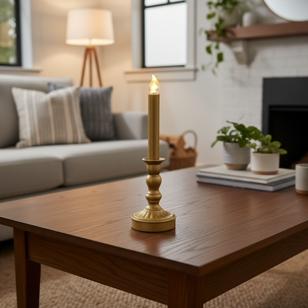 Metalen Kandelaar met LED Kaars – Real Flame Effect – Goudkleur – 28 cm –  2x AA - Metaal