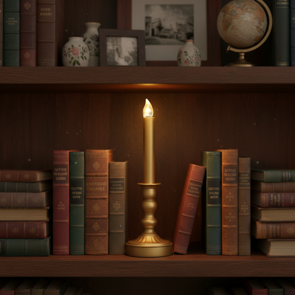 Metalen Kandelaar met LED Kaars – Real Flame Effect – Goudkleur – 28 cm –  2x AA - Metaal