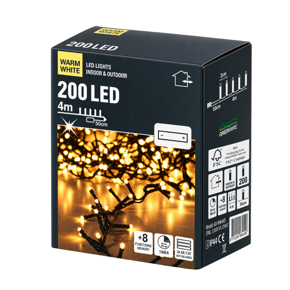 Kerstverlichting Cluster 200 LED – Warm Wit – 4 Meter