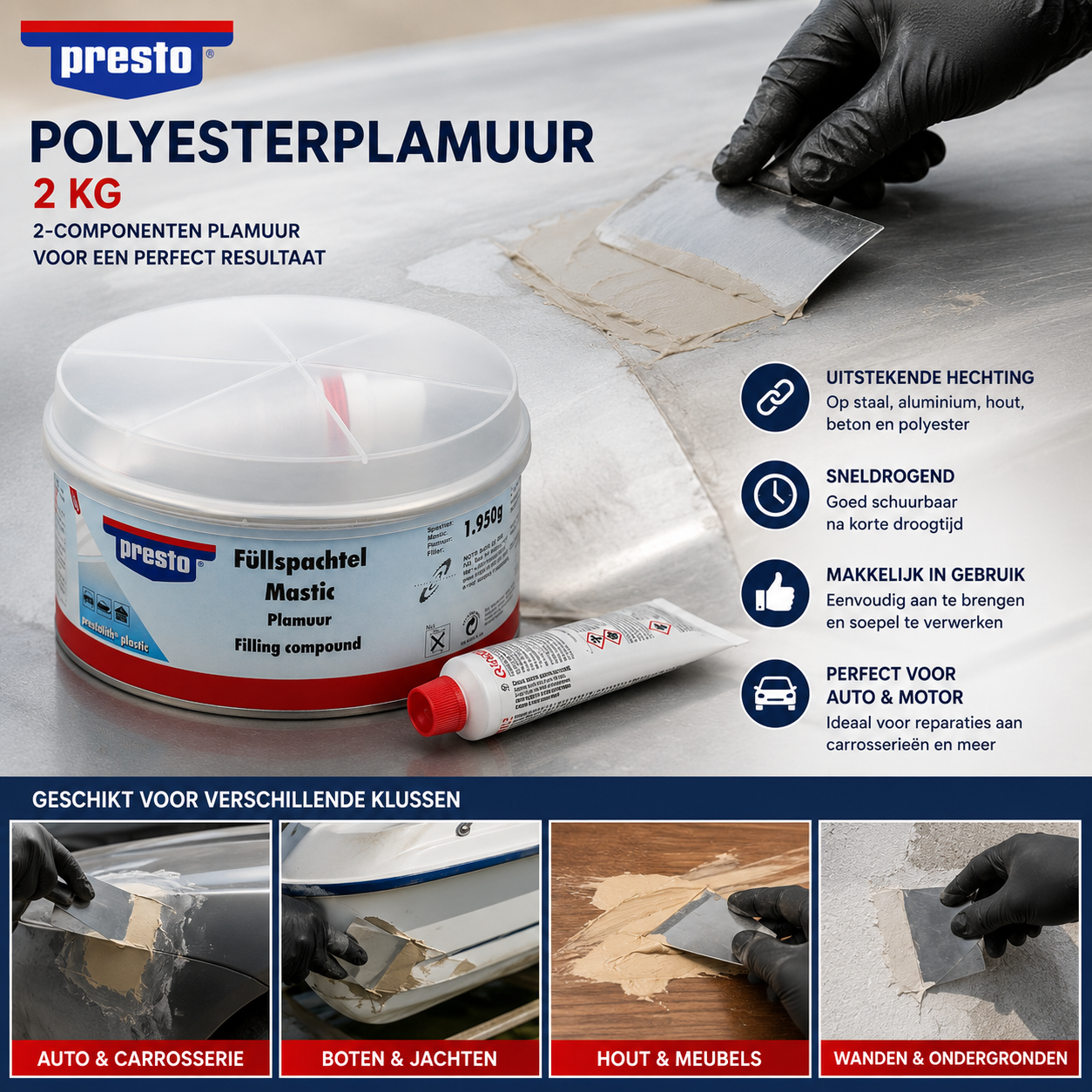 Presto Polyesterplamuur – 2 kilo – 2-Component Plamuur – Voor Metaal, Hout, Beton, Kunststof