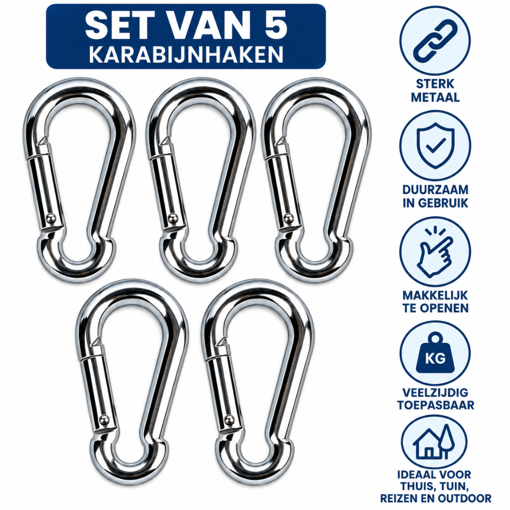 Karabijnhaken Set 5 Stuks – 8 x 80 mm | Musketon | Voor Tas, Rugzak & Accessoires