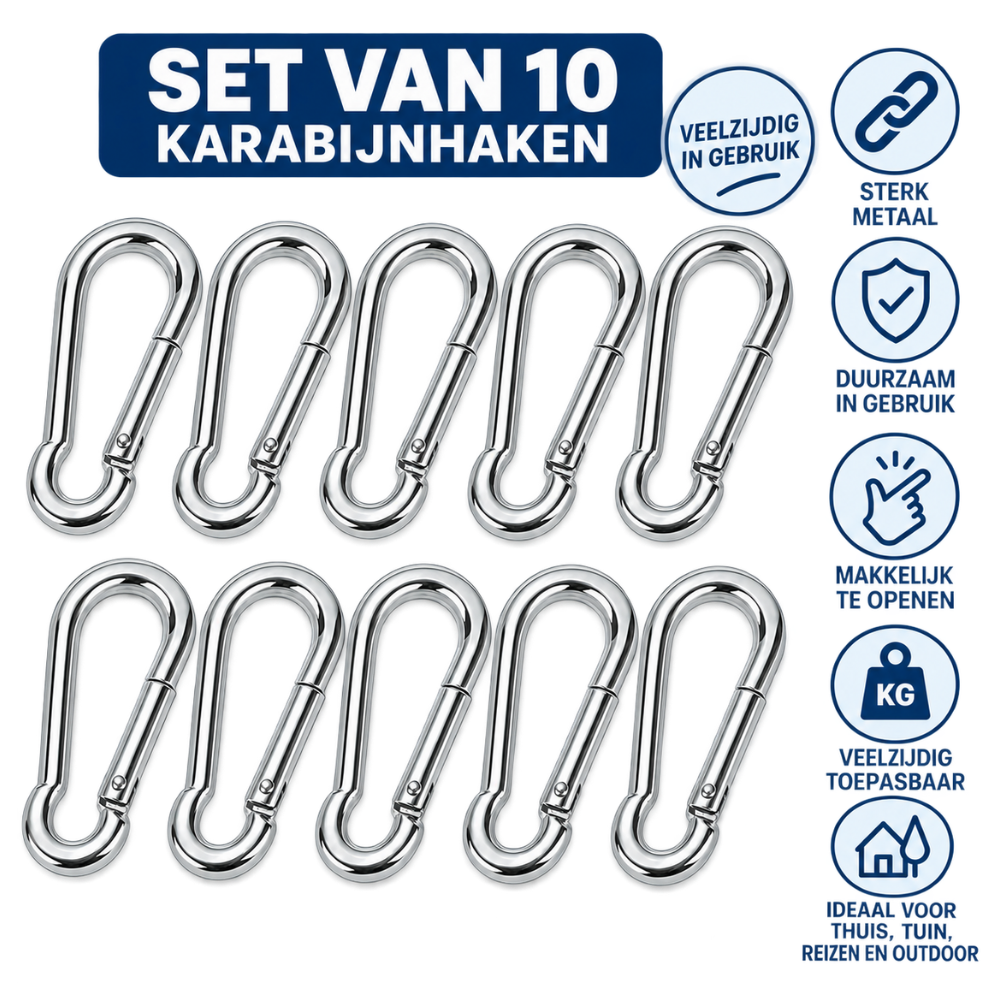 Karabijnhaken Set 10 Stuks – 6 x 60 mm | Musketon | Voor Tas, Rugzak & Accessoires
