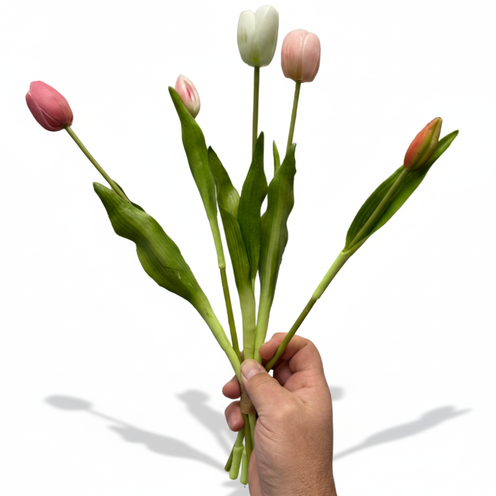 Kunst Tulpen  - Tulips - Mix kleuren Wit met Rose - Kunstbloemen - Kunst Tulpen - Kunst Boeket