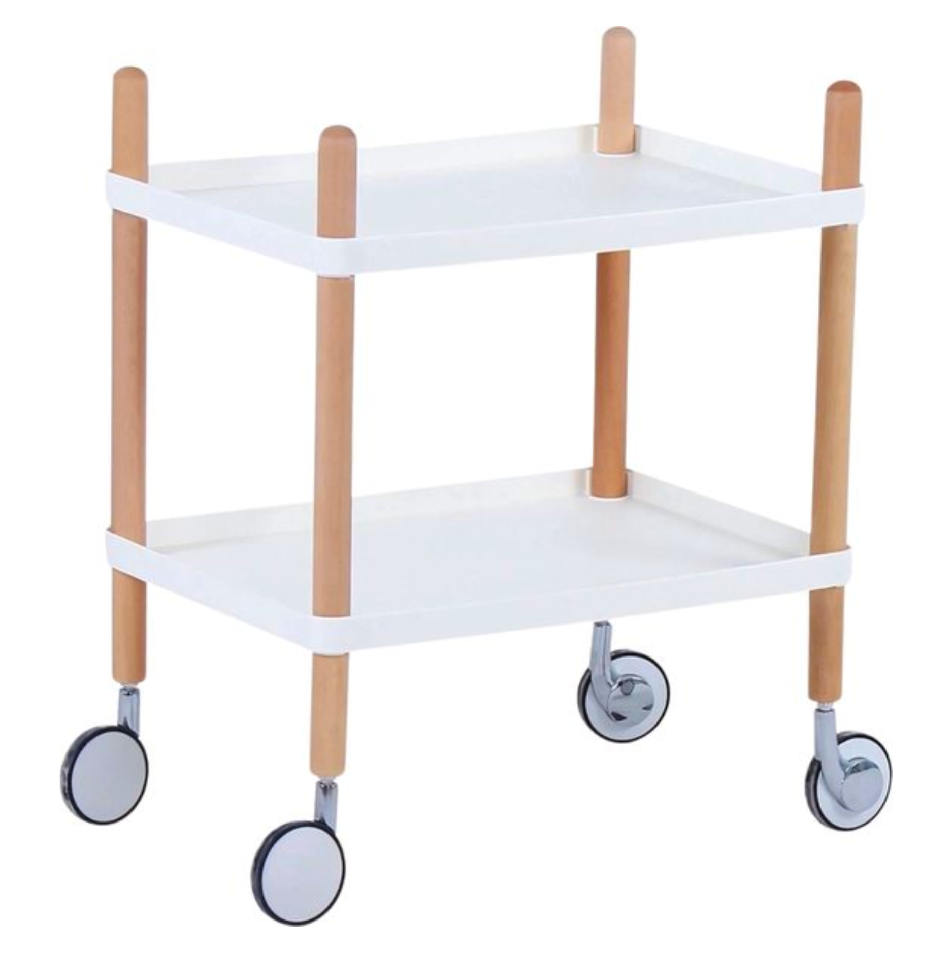 Dinu Disign - Barwagen - bijzettafel Massief - Wit- beukenhout - woonkamer -minimalistisch - Opbergrek Serveerwagen Keuken Trolley Eiland Trolley 2 lagen Massief Houten Trolley Multifunctionele Trolley Universele Wielen