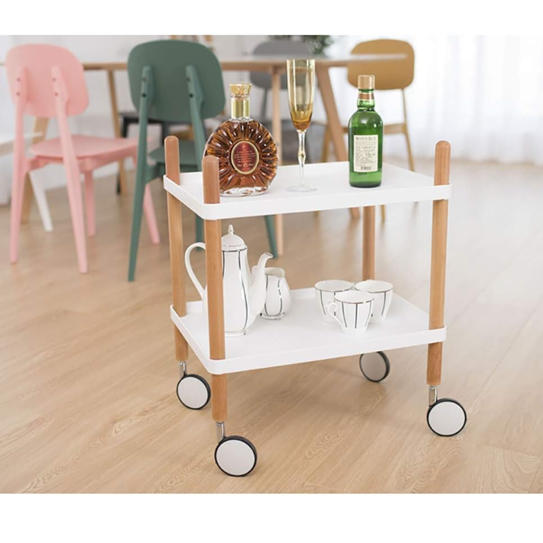 Dinu Disign - Barwagen - bijzettafel Massief beukenhout - Grijs - woonkamer -minimalistisch - Opbergrek Serveerwagen Keuken Trolley Eiland Trolley 2 lagen Massief Houten Trolley Multifunctionele Trolley Universele Wielen