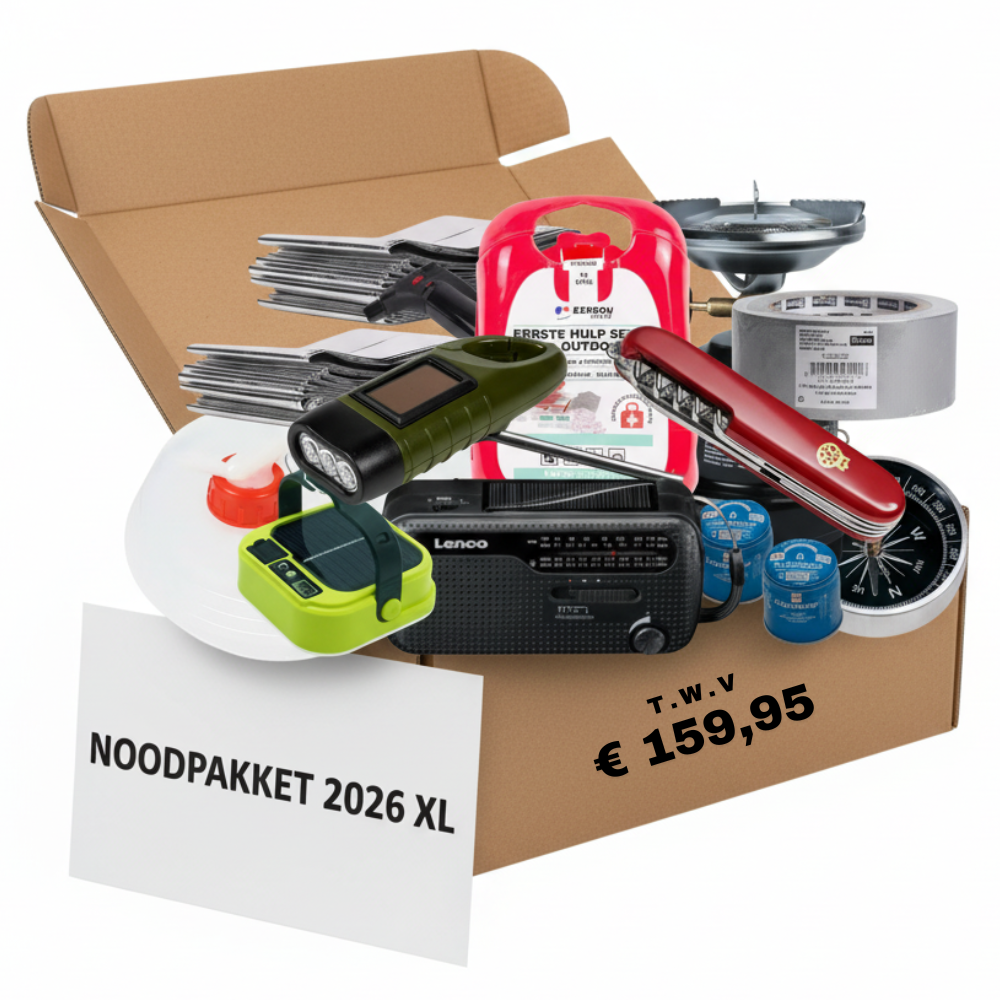 Noodpakket 2026 –  Set met Radio, Solar Lamp, EHBO, Zakmes, Watercontainer & Outdoor Essentials