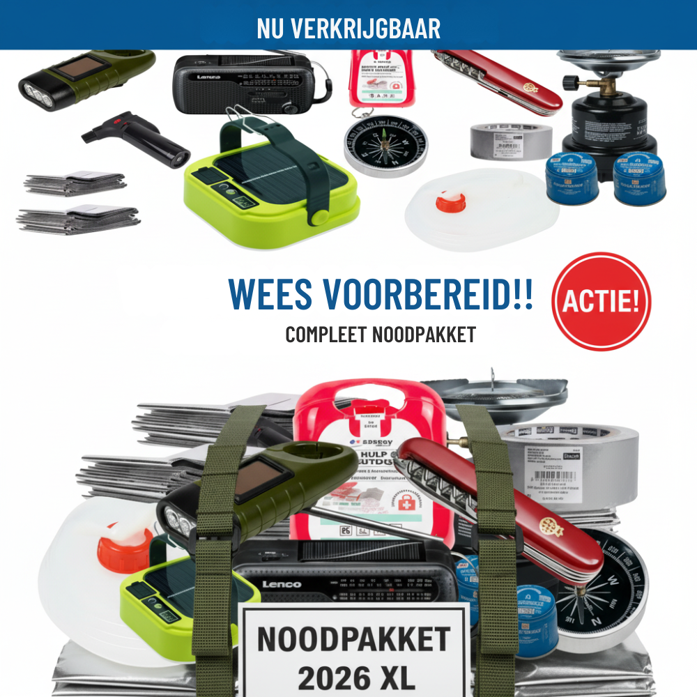 Noodpakket 2026 –  Set met Radio, Solar Lamp, EHBO, Zakmes, Watercontainer & Outdoor Essentials