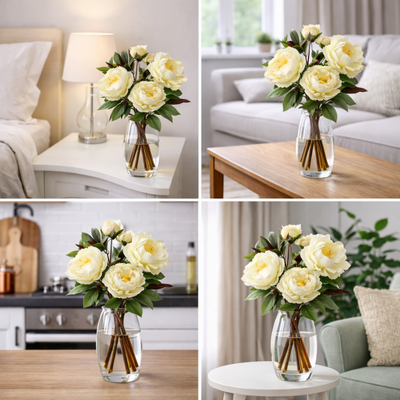 Kunstbloem Pioenroos - Wit/Crème - 68 cm hoog - Bloemdiameter 15 cm - Levensechte Zijden Bloem